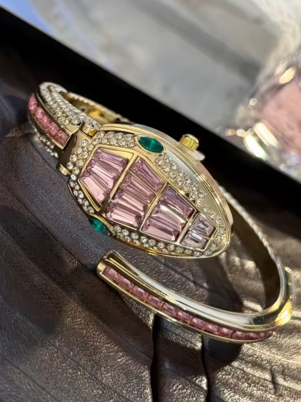 Gold-Tone Pink Crystal Serpent Cuff Bracelet with Green Accents watch